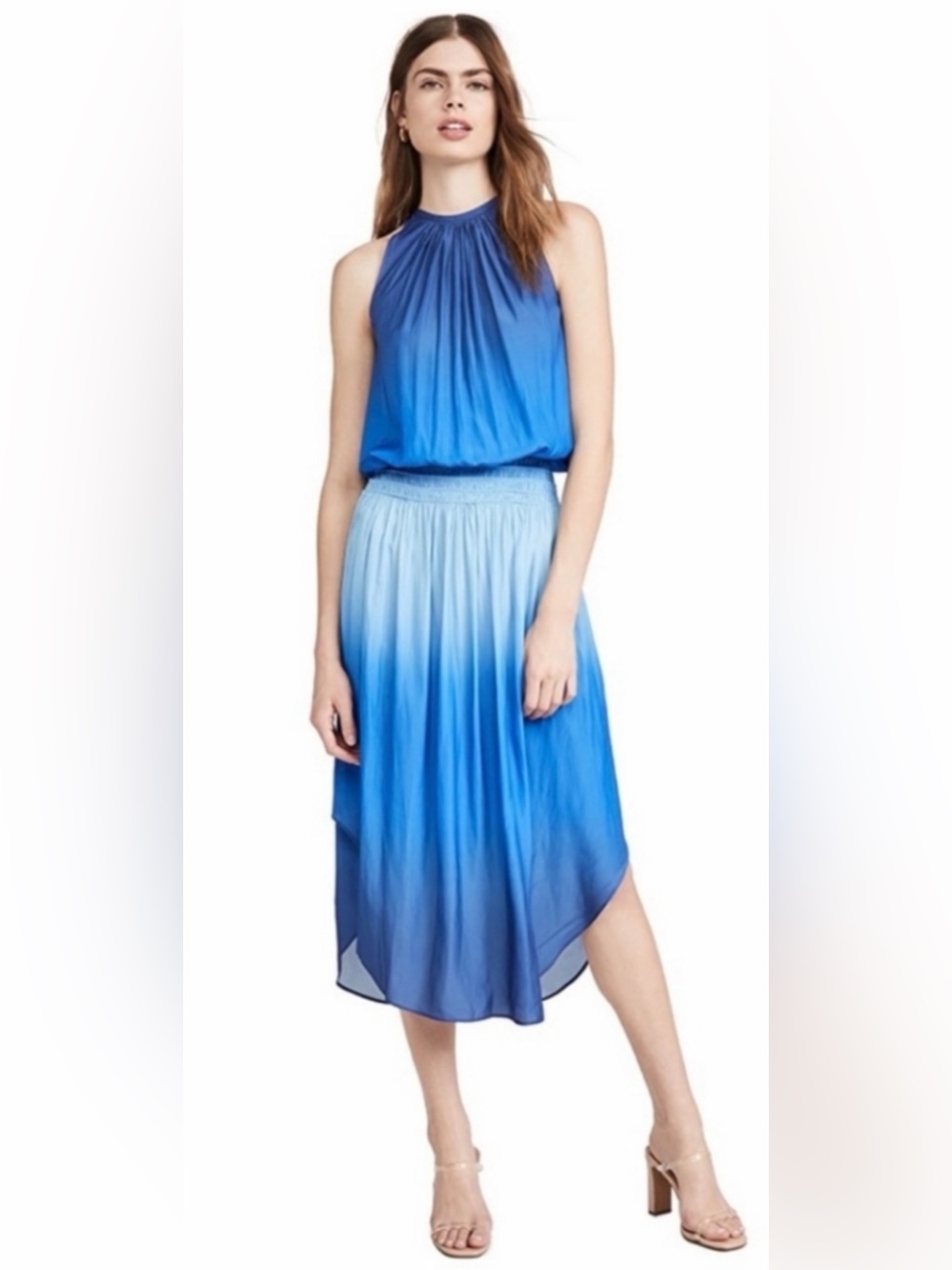 Ramy Brook New York Blue Ombre Pleated Midi Dress Halter Handkerchief Hem XS - Picture 2 of 16